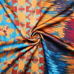 Orange-Blue-Multi Poly Abstract Printed Charmeuse Satin Woven Fabric By the Yard