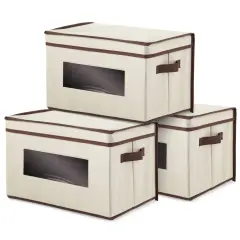 3 Pack Stackable Storage Bins With Lids, Handles, Foldable for Closet Organization (12 Inch, Cream) Brown