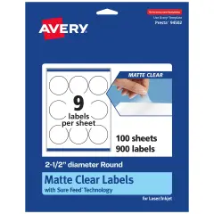 Avery Matte Clear Labels,2-1/2" diameter Round