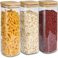 Airtight Glass Storage Canister with Wood Lid (51 oz), Clear Food Storage Container Jar with Sealing Lids for Oat Pasta Flour Cereal Rice Sugar Tea Coffee Beans, Set of 3 Square Cookie Jar