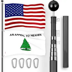 G128 Combo Pack: 20 Ft Telescoping Aluminum Flagpole (Black) & American and An Appeal To Heaven Flags 3x5 Ft, Both ToughWeave Series Embroidered Polyester | Pole with Flags Included