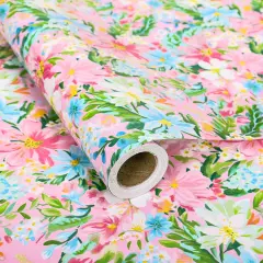 Spring Floral Wrapping Paper - Mini Roll - 17 In x 32.8 Ft Watercolor Pink Flower Gift Wrap Paper for Wedding Birthday