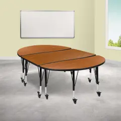 Emma and Oliver 3PC Mobile 76" Oval Wave Collaborative Grey Kids Adjustable Activity Table Set Oak