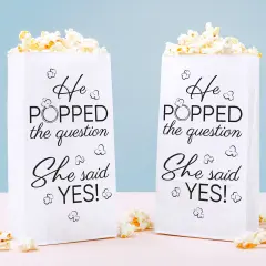 Big Dot of Happiness He Popped the Question She Said Yes Popcorn Bags, Party Favor Snack Treats, Free-Standing Individual White Paper Bags - 25 Count