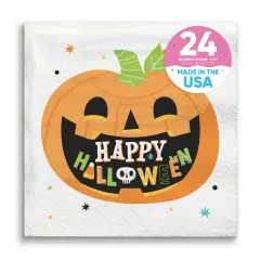 Big Dot of Happiness Jack-O'-Lantern Happy Halloween Party Napkins, Kids Halloween Party Decor, White 3-Ply Paper Beverage Napkins - 24 Count
