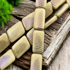 *6* 18x12mm Opaque Beige Sliperit Fern Leaf Laser Tattoo Rectangle Bead