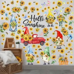 122 Pcs 6 Sheets Summer Wall Stickers Window Clings Gnome Sunflower Wall Decals