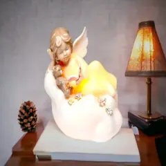 Ceramic Angel Reading with Teddy Bear on Cloud Nightlight, Home D&eacute;cor, Religious D&eacute;cor, Religious Gift, Church D&eacute;cor, Baptism Gift
