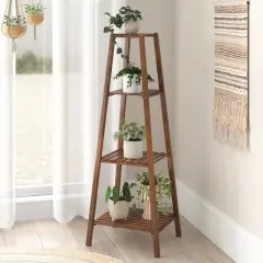 Modern Wood 4 Tier Pyramidal Plant Stand for Indoor Corner Display