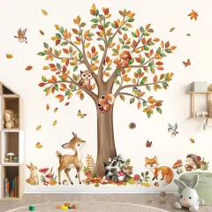 Woodland Animals Fall Large Tree Wall Stickers Deer Racoon Owl Wall Decals