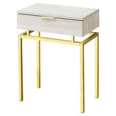24" Modern End Table with Drawer and Beige Marble Look Top, Gold Metal Base for Bedroom