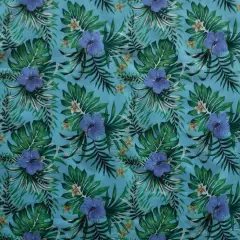 1 Yard Hibiscus Monstera Palm Leaves Polyester Fabric, 60" Wide Tropical Print Aqua