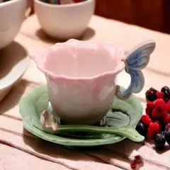 Ceramic Rose Cup and Saucer and Spoon-2 Sets, Gift for Her, Gift for Mom, Gift for Friend or Coworker, Tea Party D&eacute;cor, Caf&eacute; Decor