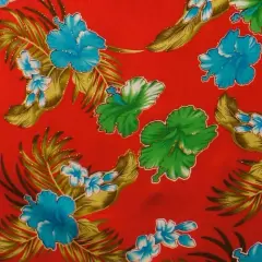 1 Yard Hibiscus Plumeria Banana Leaves Palm Leaves Glitter Polyester Fabric, 36in L x 60in W Red
