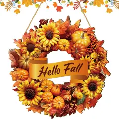 Hello Fall Rustic Wooden Wreath Autumn Wreath for Front Door Welcome Sunflower and Pumpkin Wooden Door Sign Maple Leaves and Berry Door Decorations for Porch Outdoor Front Door