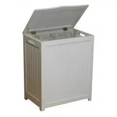 White Solid Wood Rectangular Laundry Hamper with Lid and Side Hand Grips