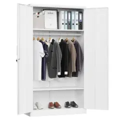 White Steel Wardrobe Armoire Cabinet with Clothing Rod and Adjustable Shelves 72 Inch
