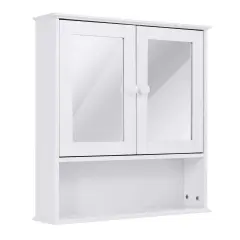 White MDF Wall-Mounted Bathroom Cabinet with Mirror Doors and Shelf