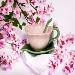 Ceramic Hibiscus Flower Cup and Saucer and Spoon-2 Sets, Gift for Mom, Gift for Friend or Coworker, Tea Party D&eacute;cor, Caf&eacute; Decor