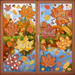 8 Sheets Thanksgiving Fall Window Clings - Maple Leaves Pine