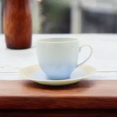 Ceramic Crystalline Glaze Light Amber with Sky Blue Cup and Saucer, Afternoon Tea, Kitchen Decor, Gift for Her