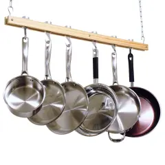 Ceiling Mount Wooden Pot Rack with 4 Pan Hooks and Swivel Hooks