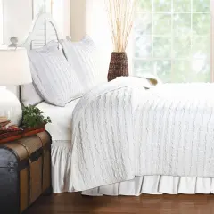 Full Size Cotton Quilt Set White Ruffled Striped 3 Piece Bedding