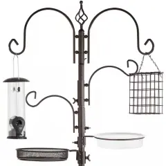 89" Metal Bird Feeder Station with Hanging Hooks and Water Bowl Seed Tray 4 Feeder Options Bronze