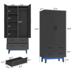 Matte Black Pine Wood Wardrobe with Adjustable Shelves and LED Lighting Drawers and Louver Doors