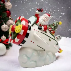 Ceramic Santa With Airplane Cookie Jar, Home D&eacute;cor, Gift for Pilot, Gift for Her, Gift for Mom, Kitchen D&eacute;cor, Christmas D&eacute;cor