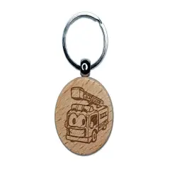 Smiling Cartoon Firetruck Vehicle Firefighter Truck Ladder Engraved Wood Round Keychain Tag Charm