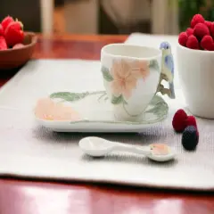 Ceramic Bluebird Flower Cup And Saucer And Spoon-1Set, Gift for Her, Gift for Mom, Gift for Friend or Coworker, Tea Party D&eacute;cor, Caf&eacute; Decor