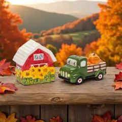 Ceramic Sunflower Barn and Red Pickup Truck With Pumpkins Salt and Pepper Shakers, Gift for Her or Mom, Fall D&eacute;cor, Farmhouse Decor