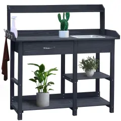 Grey Solid Wood Outdoor Potting Bench with Sink, Drawer and Hooks