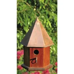 Brown Cypress Wood Songbird Birdhouse with Copper Roof, Perch and Hanging Loop