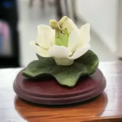 Ceramic Magnolia Flower with Butterfly on Wooden Base, Home D&eacute;cor, Gift for Her, Gift for Mom