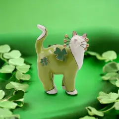 Ceramic Green Cat with Shamrocks and Golden Bead Whiskers Figurine, Home D&eacute;cor, Gift for Her, Gift for Mom, Irish Saint Patrick&rsquo;s Day D&eacute;cor