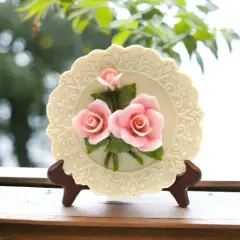 Ceramic Pink Rose Flower Plaque with Stand, Home D&eacute;cor, Gift for Her, Gift for Mom, Nature Lover Gift, Vintage Decor