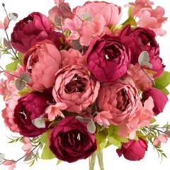 2 Artificial Peonies Silk Flowers and Hydrangeas - Country Barn Red