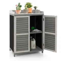 Grey Solid Wood Patio Storage Cabinet with Metal Workstation and Rolling Doors