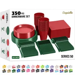 Exquisite 350 Pcs Plastic Plates for Party &ndash; Disposable Plates Set &ndash; 50 Each of 9" Dinner Plates, 7" Dessert Plates, Plastic Cups, Napkins & Plastic Cutlery &ndash; Plastic Dinnerware by Party Solids Red & Green