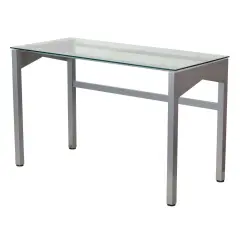 Silver Powder-Coated Steel Rectangular Writing Desk with Clear Tempered Glass Surface