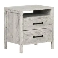 Modern Washed Pine Wood 2 Drawer End Table Nightstand with Open Cubby Shelf for Bedroom