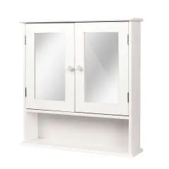 White Wall-Mounted Mirrored Medicine Cabinet with Open Shelf Shutter Doors, MDF, Bathroom Storage Organizer