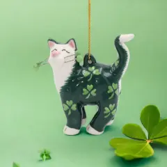 Ceramic Black Cat with Shamrock Design Ornament, Home D&eacute;cor, Gift for Her, Gift for Mom, Kitchen D&eacute;cor, Irish Saint Patrick&rsquo;s Day D&eacute;cor
