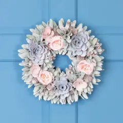 Northlight Roses and Thistle Wooden Artificial Floral Spring Wreath - 14" Blue