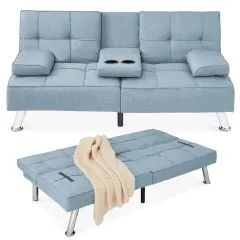 Best Choice Products Modern Linen Convertible Futon Sofa Bed w/ Removable Armrests, Metal Legs, Cupholders Light Blue