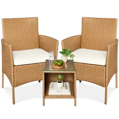 Best Choice Products 3-Piece Outdoor Wicker Conversation Patio Bistro Set, w/ 2 Chairs, Table Natural/Ivory