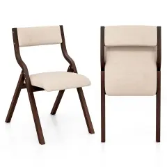 Costway Folding Dining Chair Set of 2 Wooden Upholstered Modern Linen Fabric Padded Seat