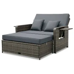 Costway Wicker Loveseat Sofa Set Patio Rattan Daybed with Ottoman & Retractable Side Tray